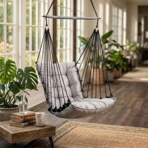 Image of Swingzy Premium Hanging Swing Chair for Kids & Adults | Soft Velvet Hammock Chair with Padded Cushion | Indoor & Outdoor Jhula for Home, Balcony & Garden | Single Seater | Supports Up to 200kg (Grey)