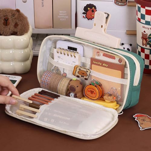 Image of Alokik Cute Cartoon Pencil Pouch with 5 Compartments, Large Capacity Zipper Pen Case with Front Pocket & Straps, Multi-Storage Stationery Organizer for School Girl & Boy (Capybara)