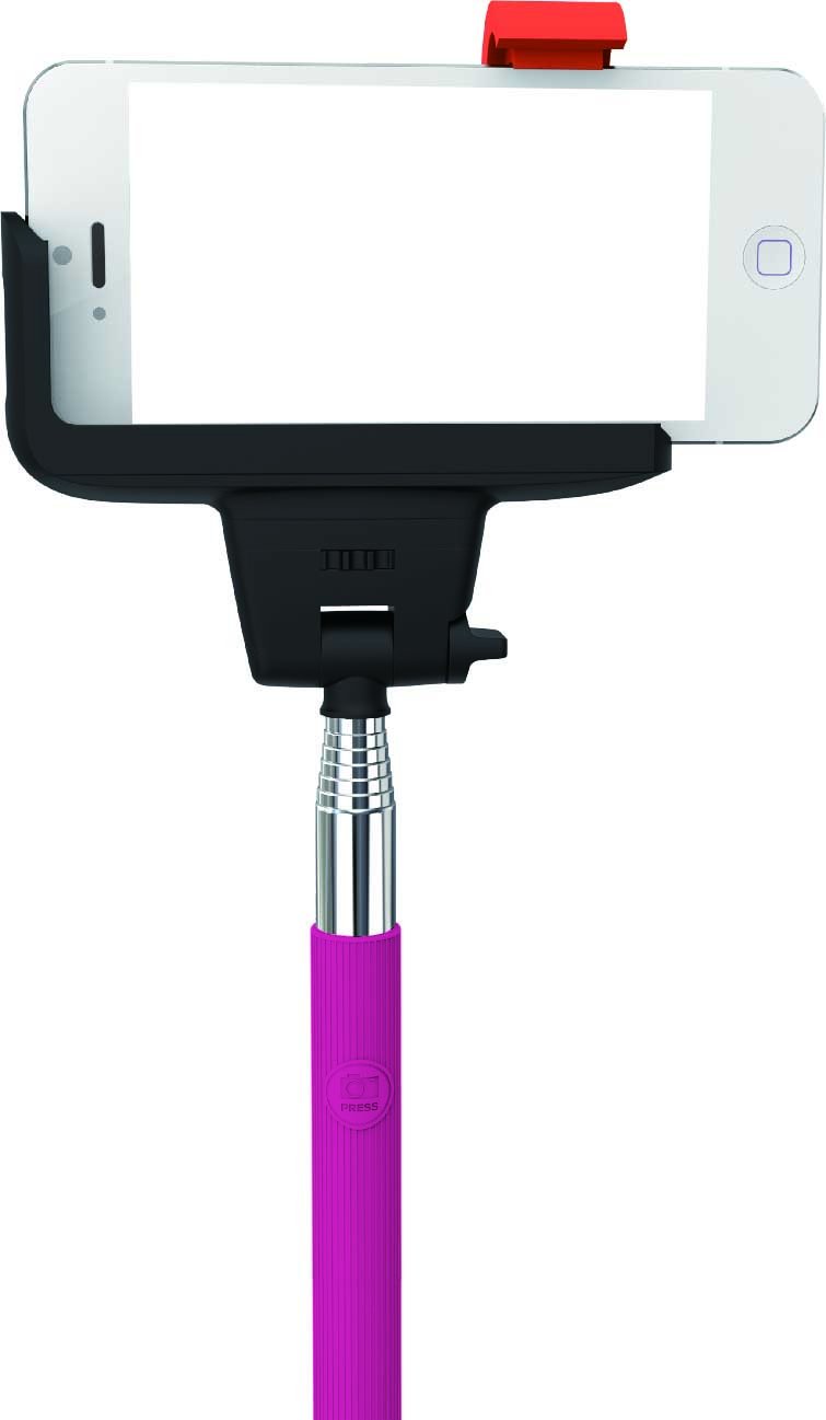 Hype Bluetooth Selfie Stick with a smartphone mounted, showing the extendable arm and handle.
