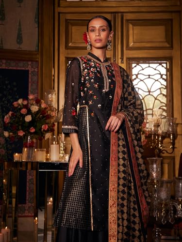 Image of Wishful by W Women's Viscose Kurta, Parallel Pant & Dupatta (23AUSP11461-122712 Black