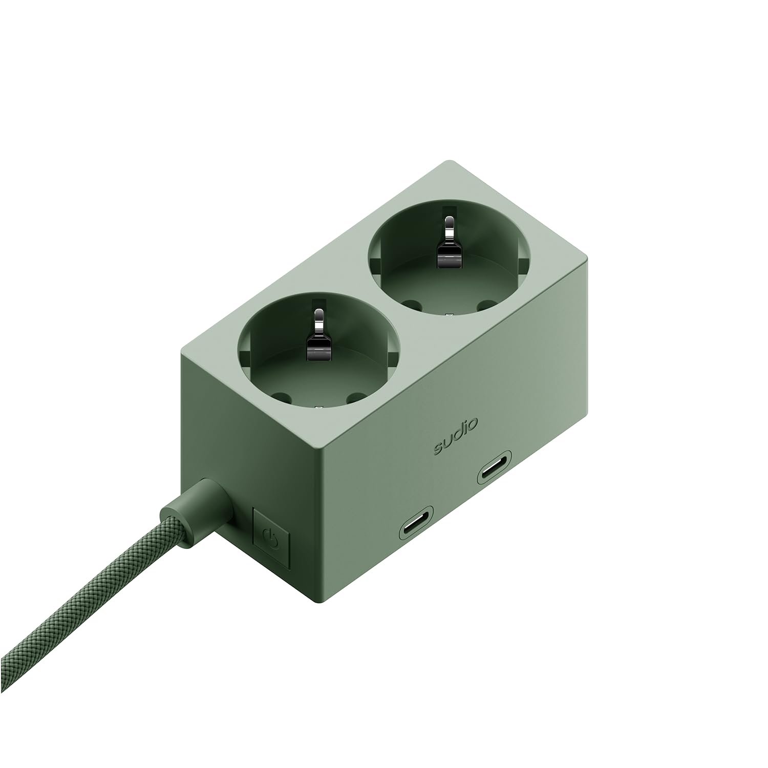 Sudio Brick Kompakte Steckdosenleiste | 2 Steckdosen & 2 USB-C Ports (30W GaN) | 1,8 m geflochtenes Kabel | EIN-/Aus-Schalter | Platzsparendes Design | Aus recycelten Materialien | (Green)