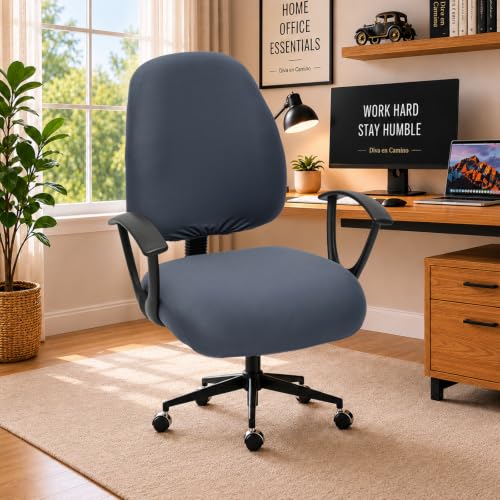 Image of Stretchable Desk Office Chair Seat Covers - Universal Stretch Computer Chair Slipcover - 180GSM Washable Rotating Backrest Coverings & Cushion Protectors for Dogs, Cats, Pets, Dark Gray