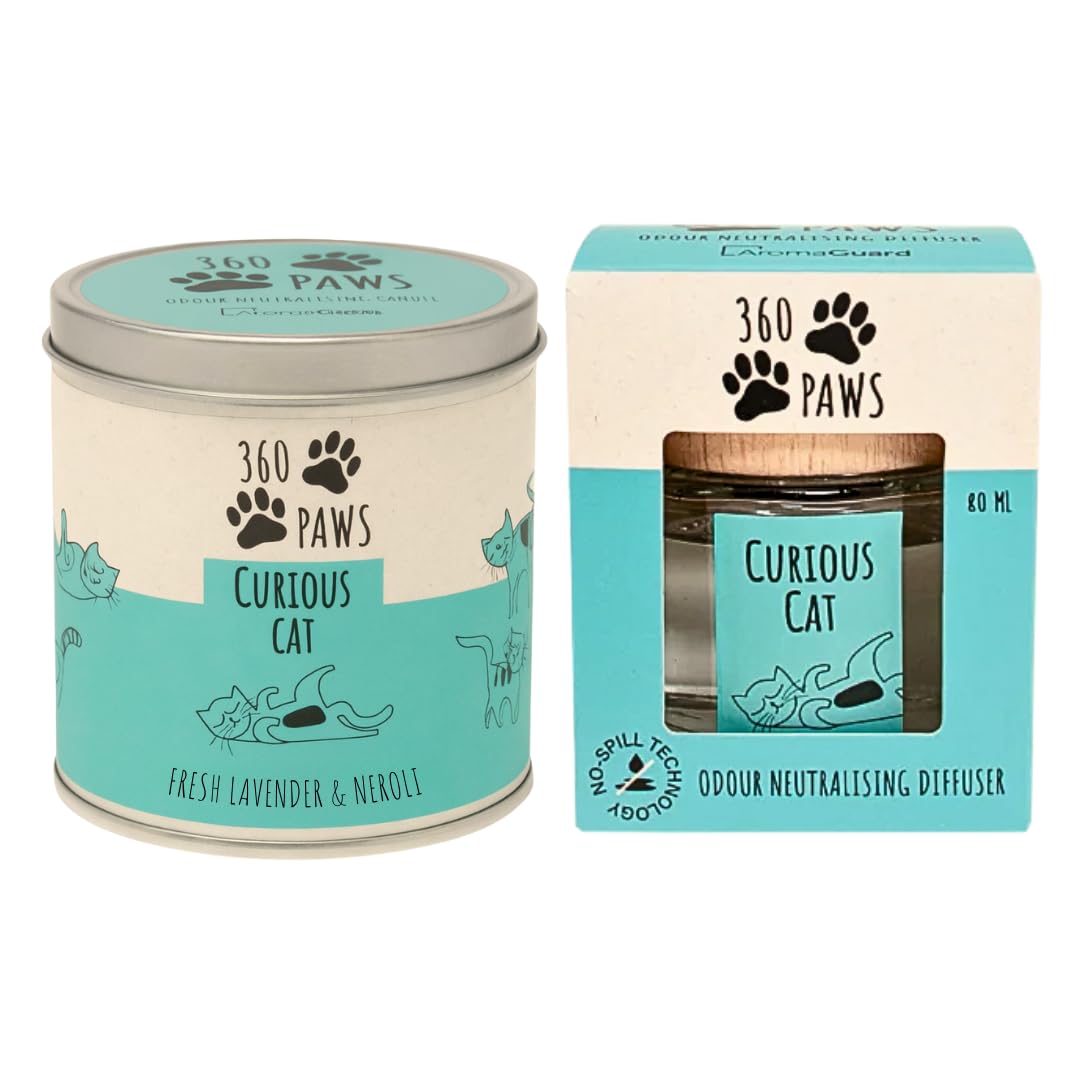 360 Paws Curious Cat Odour Neutralising Candle & Diffuser Set – Fresh Lavender & Neroli Pet-Friendly Home Fragrance Duo with Tin Candle and Wooden-Lid Diffuser