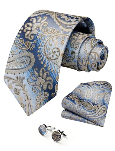 Image of HISDERN Ties for Men Paisley Tie and Pocket Square Cufflinks Set Formal Classic Floral Necktie Handkerchief Wedding Party