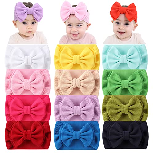 Image of Cinaci 12 Pack Stretchy Elastic Wide Nylon Headbands with Solid Knot Big Hair Bow Headwraps Large Oversized Hair Bows Accessories for Baby Girls Infants Toddlers Kids