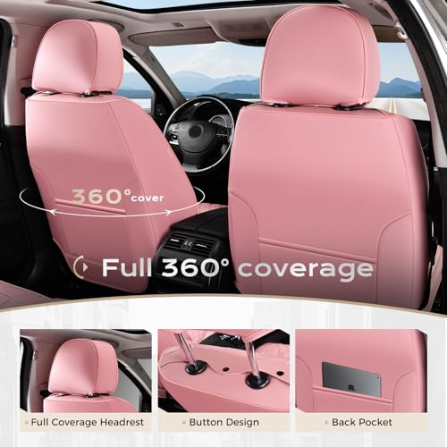 Image of Coverado Full Set Car Seat Covers, Luxury Faux Leather Waterproof Seat Covers, Pink Car Seat Protectors, Universal Fit for Most Cars, Automotive Seat Covers-Pink
