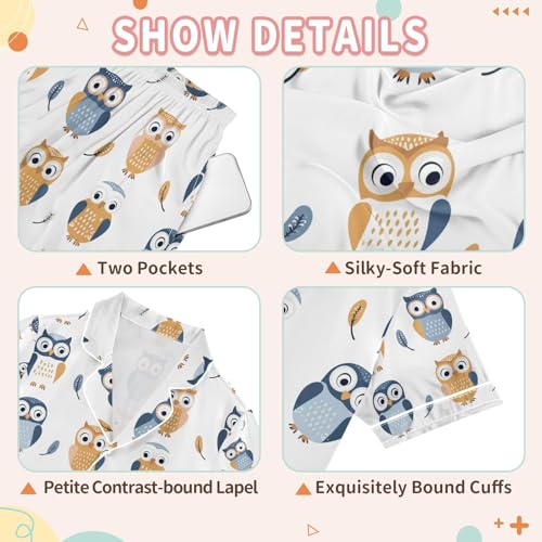senya Cartoon Owl Satin Summer Pajama Sets Silk Short Sleeve Button Down Sleepwear3