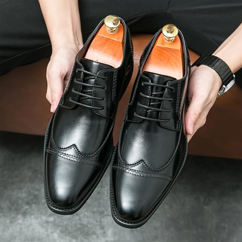 Men's Leather Wing Tips Chunky Low Heel Oxfords Fashion Classic Pointed Toe Lace Up Low Top Dress Shoes Hand Stitched Business Formal Derby Shoes4