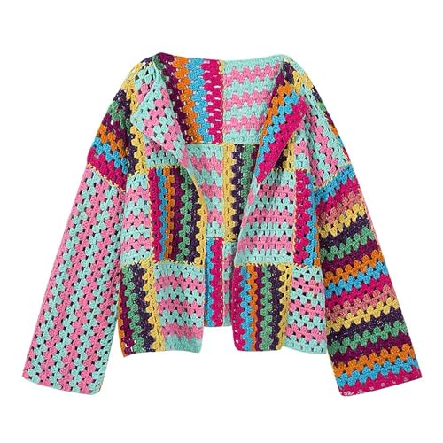 CORIRESHA Women's Boho Crochet Colorful Cardigan Open Front Long Sleeve Knit Multicolor Sweater