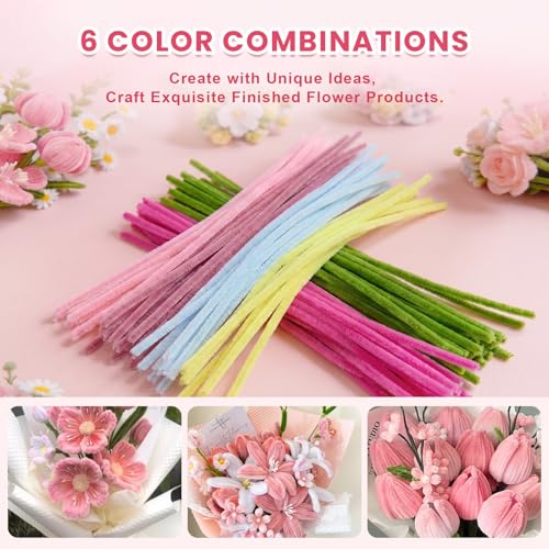600 PCS Pipe Cleaners Craft, 6 Colors Pipe Cleaner Bulk Flower Kit, Chenille Stems Bulk with Floral Wires, Gardening Tape, Stamen, Wrapping Paper & Ribbon, DIY Art and Craft Supplies - Pink Gradient - Image 3