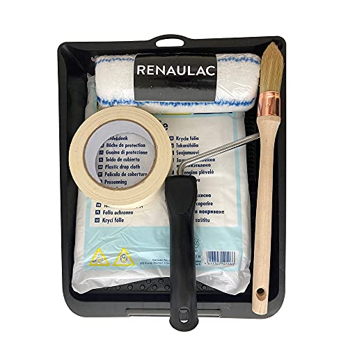 Kit Complet d'Outils Professionnel Spécial Peinture Acrylique (Mat/Satin/Velours) - Rouleau + Monture / Brosse à Rechampire / Ruban de Masquage / Bâche de Protection / Bac à Peinture Cover