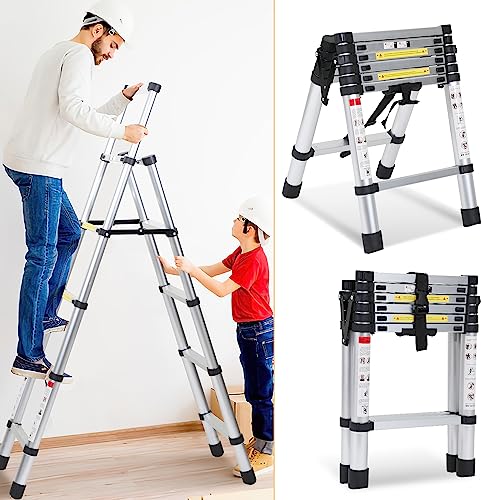 Herrselsam 1.7M+2M Teleskopleiter Klappleiter, Aluminium Ausziehbar Leiter A-Rahmen 5+6 Sprossen, Tragbare Ausziehleiter Rutschfesten Mehrzweckleiter, 150kg Tragkraft