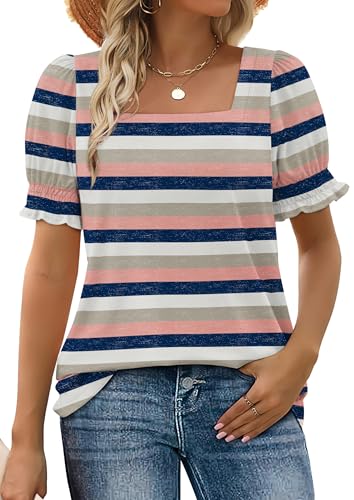 Image of WIHOLL Tops for Women Summer Casual Ruffle Trim Sleeve Square Neck T Shirts