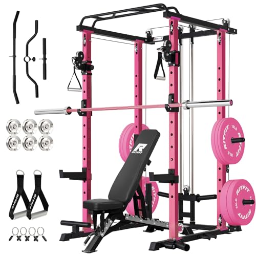 RitFit Squat Rack Power Cage Home Gym Package Includes 1200LBS Power Rack with Cable Crossover System Weight Bench Weight Plate Set with Olympic Barbell (Package 1.7K (Pink Plate 260LBS))