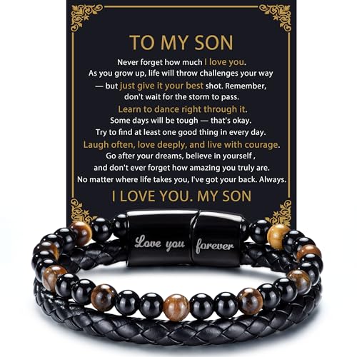 RANKEEF Mens Leather Bracelet - Son Gifts from Mom Tiger Eye Mens Beaded Bracelets to My Son Bracelet from Dad Mom Bracelets for Men