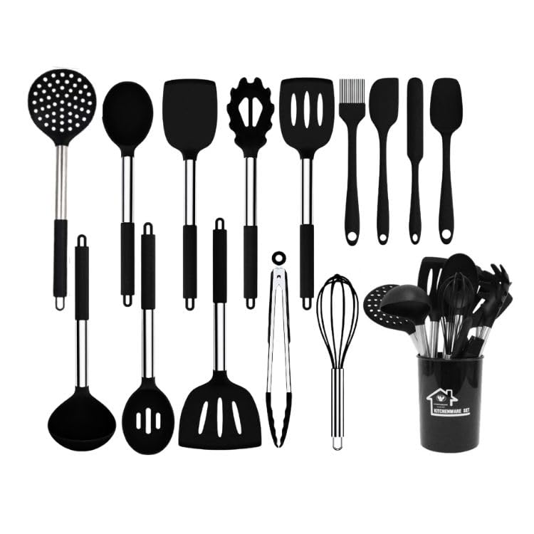 TINA&CO Silicone Kitchen Utensils Set of 15 Kitchen Utensils with Stainless Steel Handle, Heat Resistant, Non-Stick, Large Spatulas, Dishwasher Safe (Black)