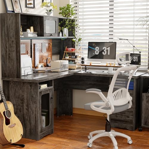 Unikito 60-Inch L-Shaped Desk with Drawers, Power Outlet, LED Lights, and File Cabinets – Modern Black Oak Home Office Desk for 2 Users