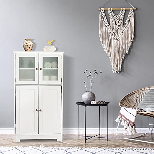 Loko Bathroom Floor Cabinet, Freestanding Storage Cabinet W/Glass Doors, Wooden Kitchen Cupboard W/Adjustable Shelf, Versatile Floor Storage Cabinet For Bathroom, Living Room & Kitchen (White) #TOP1