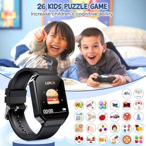 Smart Watch for Kids 3-12 Years Boys Girls, 26 Puzzle Games, Smartwatch with Camera, Pedometer, Stopwatch, Video Voice Music Player Calendar Alarm Clock Learn Card for Children Gifts (Black) 6 516l2kchDlL. AC