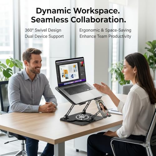 Image of Laptop Stand for Desk,Laptop Riser with Phone Holder& 360 Rotating Base | Adjustable Computer Stand|Ergonomic Laptop Riser for Collaborative Work|Macbook Stand fits for All 10-16 inch Laptops(Black)