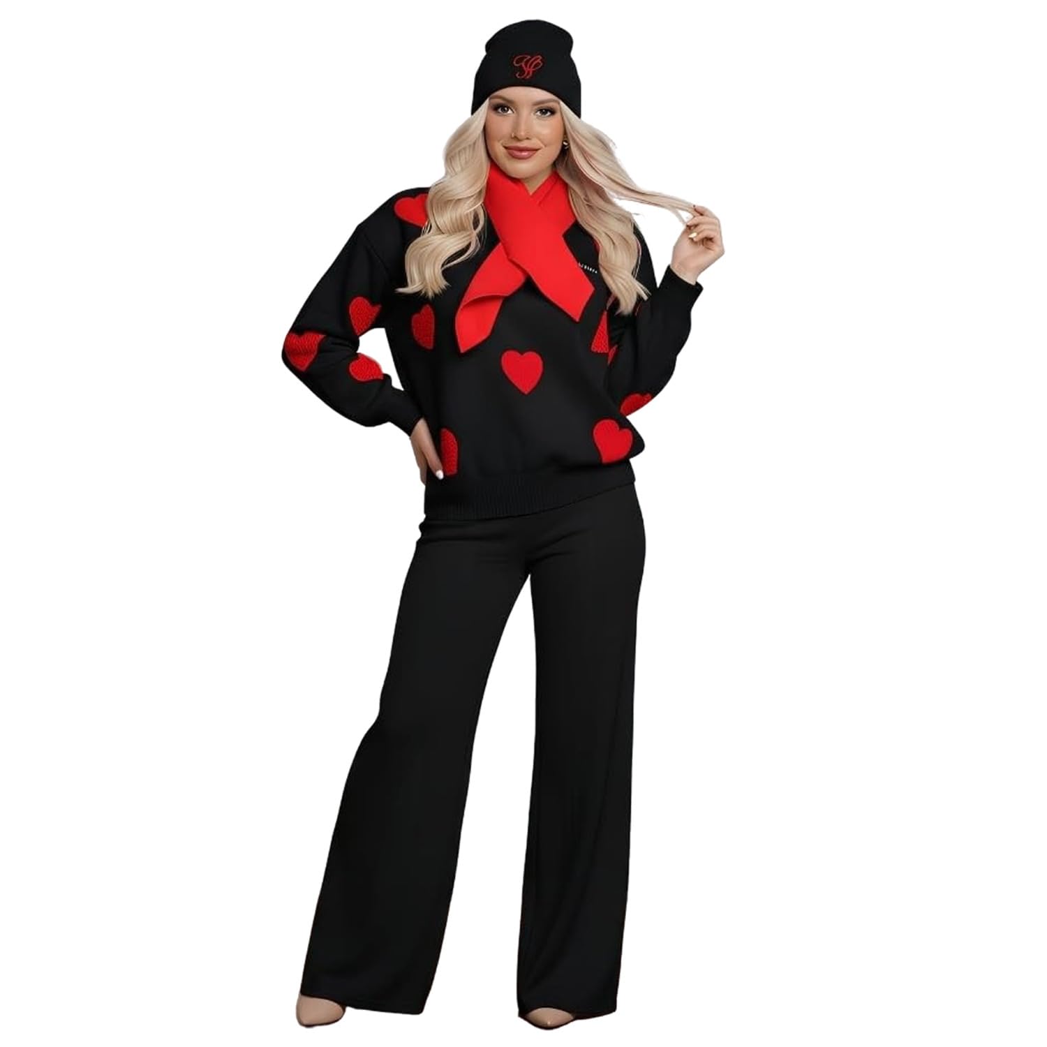 YUSHE Womens Winter Co-Ord Set 4-Piece 3D Heart Knit Sweater High-Rise Pants Matching Cap Neck Warmer