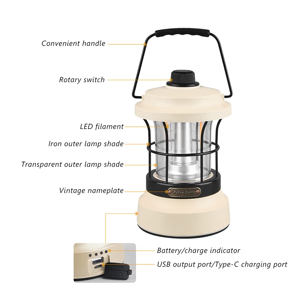 Latarnia kempingowa w stylu retro, z uchwytem, ładowalna, wodoodporna, do użytku na zewnątrz, wisząca lampa namiotowa, na wędkowanie, kemping, latarnie na przerwy w dostawie prądu, C