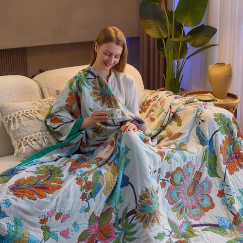 Image of XIBLC Summer Throw Blanket, 90 inchx98 inch Reversible Bohemian Flower Blanket, 100% Cotton Muslin Breathable Woven, Farmhouse Decorative Throw Blanket