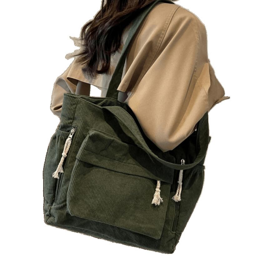 Bolso tote premium de pana para mujer, bolso cruzado grande con cierre de cremallera, elegante bolso de hombro y de mano para trabajo, viaje y outfits casuales, 15,7 x 11,8 x 5,1 pulgadas, verde miniatura 1