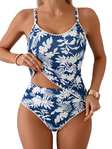 Image of Eomenie Tankini Swimsuit for Women Tummy Control Ruched Two Piece Bathing Suits High Waisted Shell Stitch Swimwear