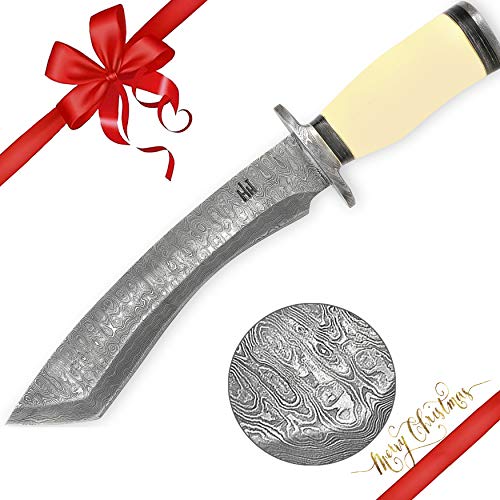 Hobby Hut HH-201, Damastmesser Jagdmesser, Custom handgefertigt 35.5 cm damast jagdmesser mit lederscheide, Tantoklinge Bowiemesser, Extra Scharf, Kamel knochengriff