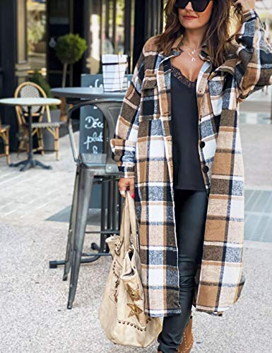 Himosyber Women's Casual Plaid Lapel Woolen Button Up Pocketed Long Shacket Coat(Brown-L) #TOP1