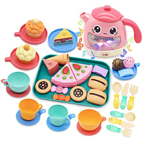 Services à Thé à Jouer Enfant, Dinette Cuisine Enfant, Dinettes Enfant, Dînette Jouet pour Enfant ou Tout-Petits avec Lumière Simulée et Bruit de l'eau Qui Coule et la Musique Cover
