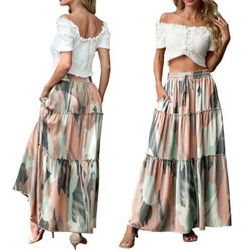 Image of Lepunuo Womens Casual Boho High Waisted Flowy Maxi Skirts Tiered Floral Long Skirts with Pockets for Summer Beach Vacation