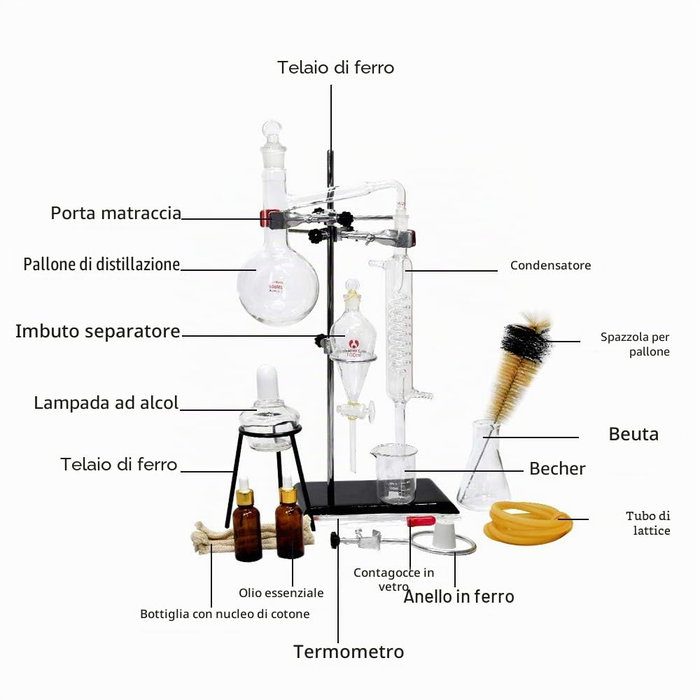 Professionale 500 ml Chimica Vetro Distillazione A Vapore Apparato FAI DA TE Olio Essenziale Distillatore Kit Vetreria Laboratorio con Ispessimento Fiaschetta Serpentina Condensatore