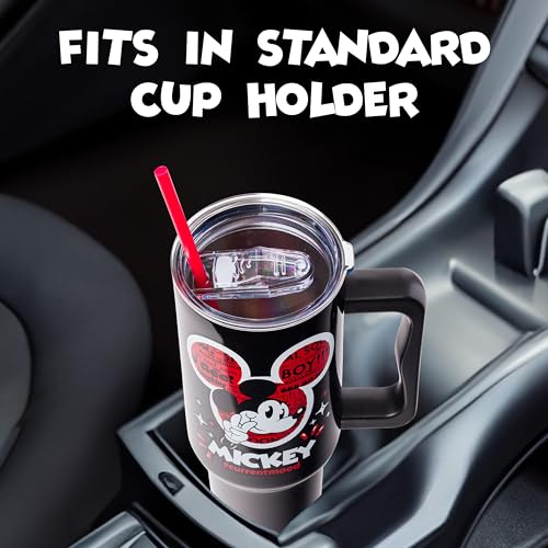 Image of Silver Buffalo Disney Classic Mickey Mouse Hashtag Current Mood inch#currentmood inch Double Walled Stainless Steel Tumbler with Handle and Straw, Fits in Standard Cup Holder, 40 Ounces