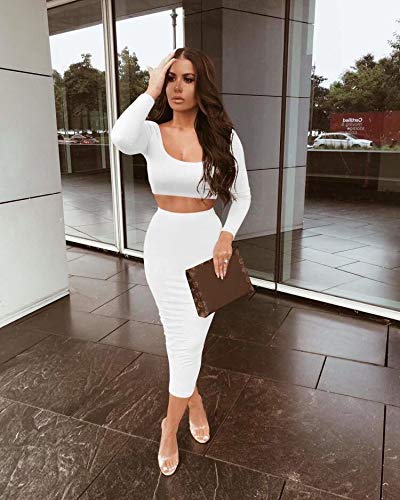 KAKALOT Women's Basic Long Sleeve Crop Top U Neck Sexy Party Shirt White M