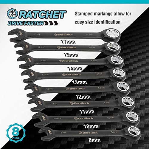 Duratech Ratcheting Combination Wrench Set, 144-P, Double-Stacked Pawls, 8 Piece, Metric, 8, 10, 11, 12, 13, 14, 15, 17Mm, Cr-V Steel, Black Chrome Plated, With Organizer Pouch #TOP3