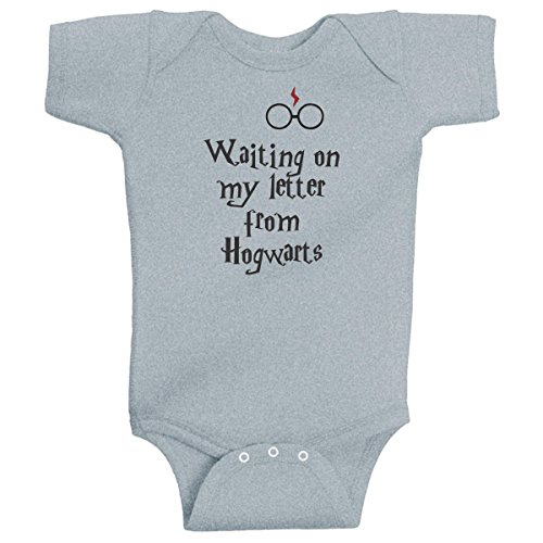 BeeGeeTees Waiting On My Letter From Funny wizard Romper Wizard One Piece (6 Months, Heather)