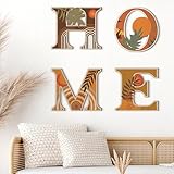 Honoson 4 Pcs Orange Boho Wall Art Decor Aesthetic Wood Home Letters Sign Hanging Orange Abstract Wall Art Rustic Farmhouse Geometric Sun Moon Leaves for Decorative Living Room Kitchen Bedroom