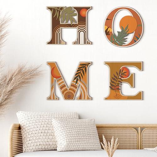 Honoson 4 Pcs Orange Boho Wall Art Decor Aesthetic Wood