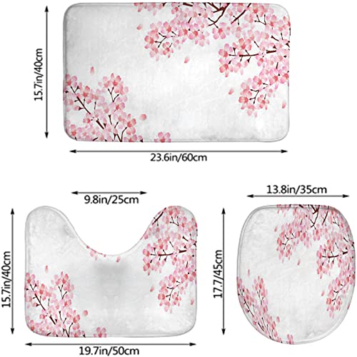 Badezimmerteppich-Set, 3-teilig, Frühlings-Kirschblüten-Kunstgemälde, Effektdruck, Moderne Kunst, waschbare Badteppiche, rutschfest, mit Rückenpolster, Konturteppich und Toilettendeckelbezug – Bild 3