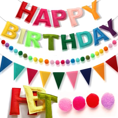 Pre-Strung Happy Birthday Banner - Felt Ball Garland HAPPY BIRTHDAY Pennant, Multicolor Bunting String Triangle Flags Bulk Rainbow Bunting