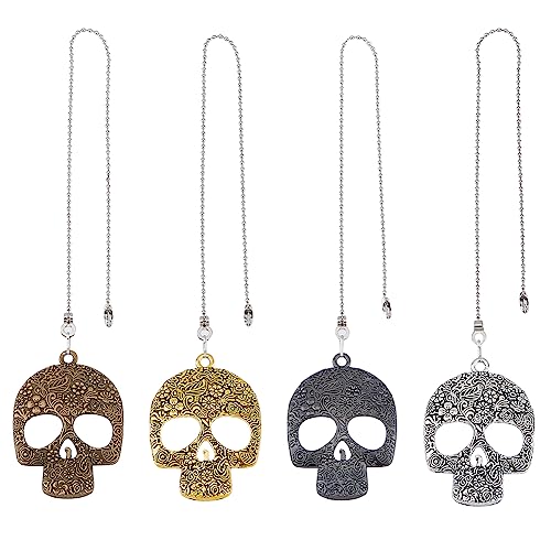 Image of 4pcs 15.39Inch Alloy Skull Ceiling Fan Pull Chain 44mm Pendant Retro Fan Zipper and Ball Chain Connector Metal Extension Chain for Bathroom, Bedroom, Living Room Lighting Decoration