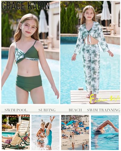 GRACE KARIN Teen Girls Bathing Suits Kids 4 Piece Long Sleeve Swimsuit Kimono Up Pants Bikini Tankini Set Swimwear4