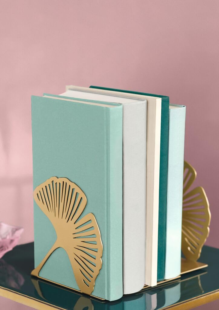 Moses. libri_x Gingko Set de Soportes para Libros 2 Piezas, Metal Dorado, Corte de Calado