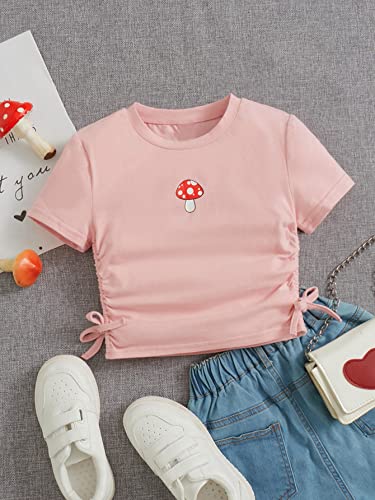 Image of SHENHE Girl's Mushroom Print Short Sleev Crop Tops Ruched Drawstring Tee T Shirts