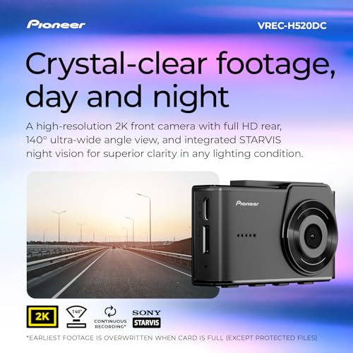 Image of Pioneer VREC-H520DC Dual Dash Cam Front and Rear Car Camera - Large Screen, 2K Resolution, Starvis Night Vision, 140 Degree Wide Lens, ADAS Safety Alerts, Built In GPS, Impact Detection, 24 /7 Coverage