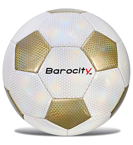 Barocity Classic White and Gold Size 4 Soccer Ball - Premium Outdoor/Indoor with Reflective Iridescent Rainbow Hex Pattern, Perfect Practice for Kids, Boys and Girls