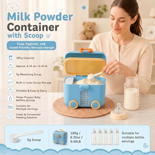 Image of StarAndDaisy Formula Milk Container for Baby Milk Powder Container with Scoop Holder, Portable Formula Dispense, Airtight First Feed Baby Food Storage Container /Box for Travel 200 Grams (Bus-Blue)