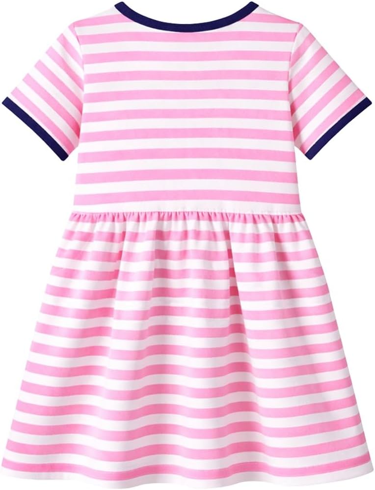 HILEELANG Girls Cotton Dress Short Sleeve Striped Dress with Pockets Casual